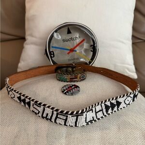 80s Swatch Accessories, belt, bracelet, bag, and badge. Rare